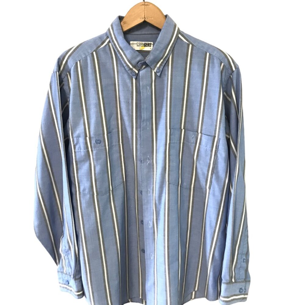Mergers Button-Down Oxford Shirt, Vintage 80s Blue Gray Cream Striped, Size L